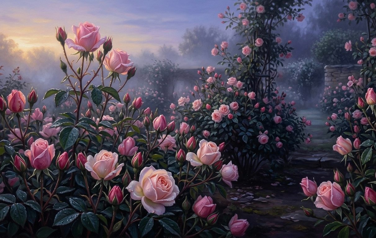 AIが描いた一枚：朝霧にほどける薔薇